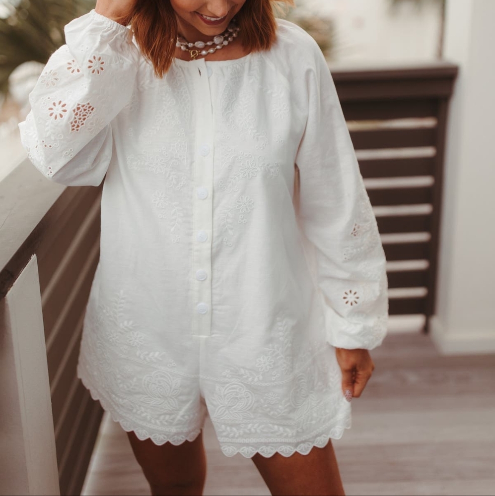 Mable White Embroidered Button-Up Romper